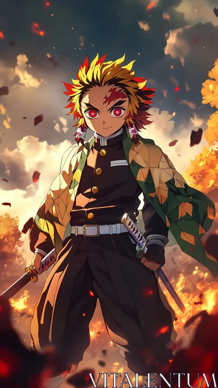 Sword-wielding anime warrior stands in flames and embers