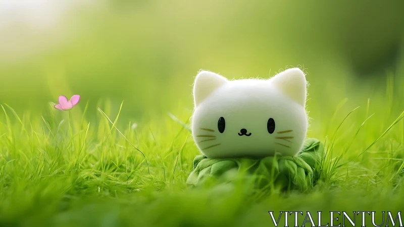 Adorable White Kitten Resting in Lush Green Meadow