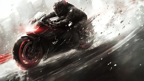 High-speed superbike rider carving wet asphalt in sparks.