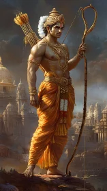 Warrior archer deity stands over golden ancient cityscape