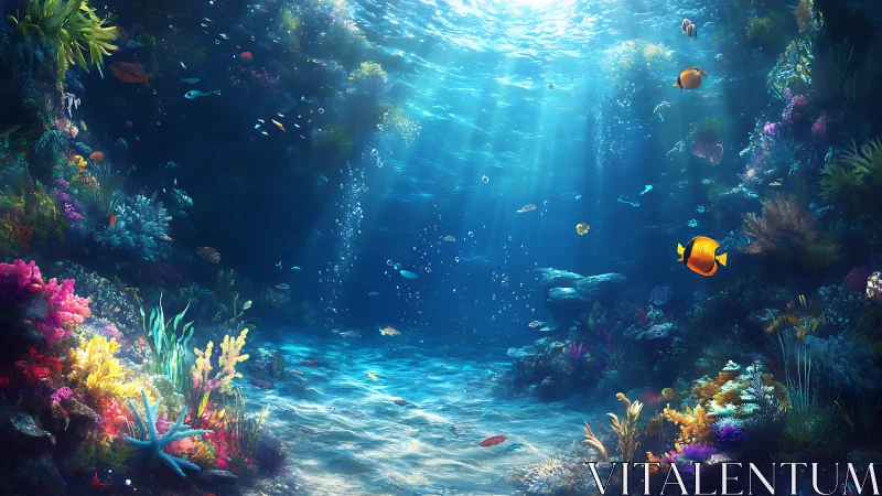 Sunlit coral reef glows beneath tranquil, crystal waves