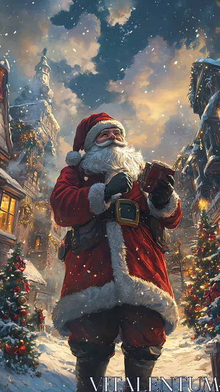 Jolly Santa strolls through a snowy village of glowing lights