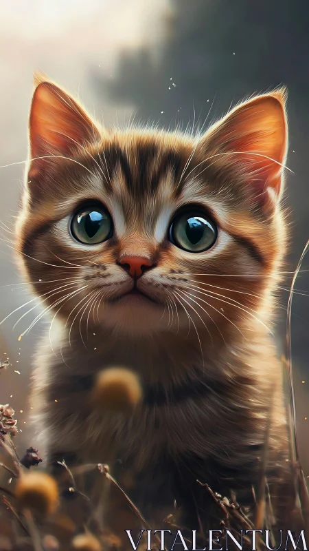 Wide eyed tabby kitten portrait in soft outdoor light.