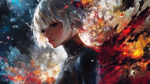 White haired anime figure against abstract fiery backdrop.