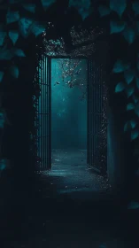 Moonlit ivy gate yawning into a quiet teal unknown.