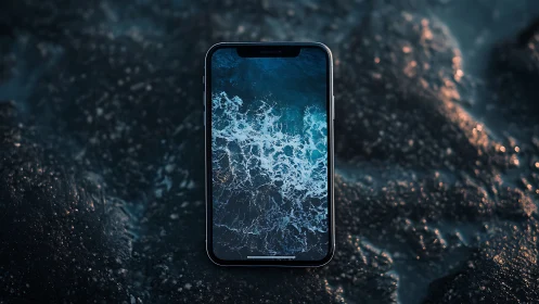 Smartphone displaying ocean waves on textured rocky surface