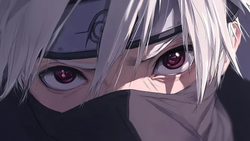 Intense masked fighter portrait with glowing crimson eyes.