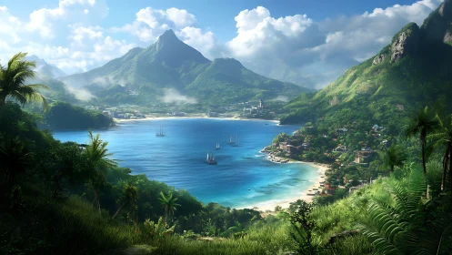 Tropical Paradise Bay with Dramatic Volcanic Peak.