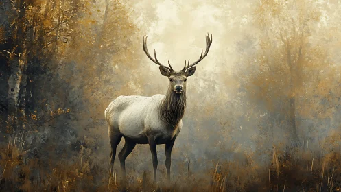 Silent stag crowned in autumn fog’s burnished glow.