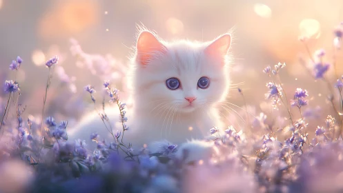 White cat with blue eyes in flower field.