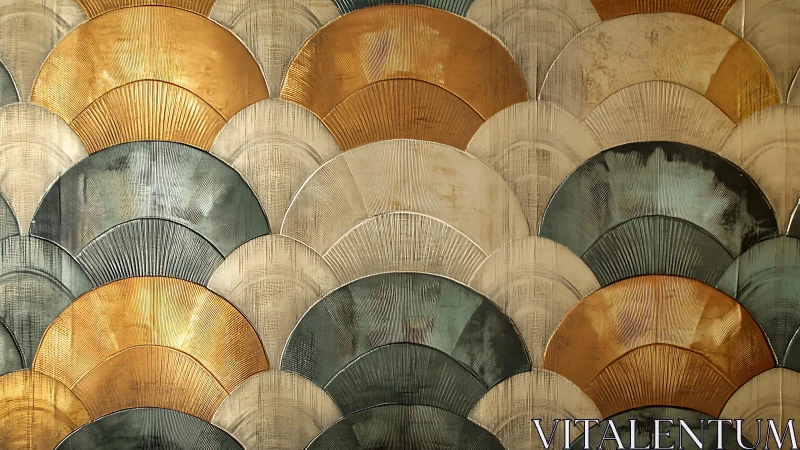 Art Deco fan pattern wall art with gold, teal, and cream tones.