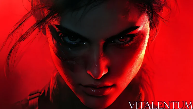 Fierce warrior’s blood-red stare cuts through the darkness