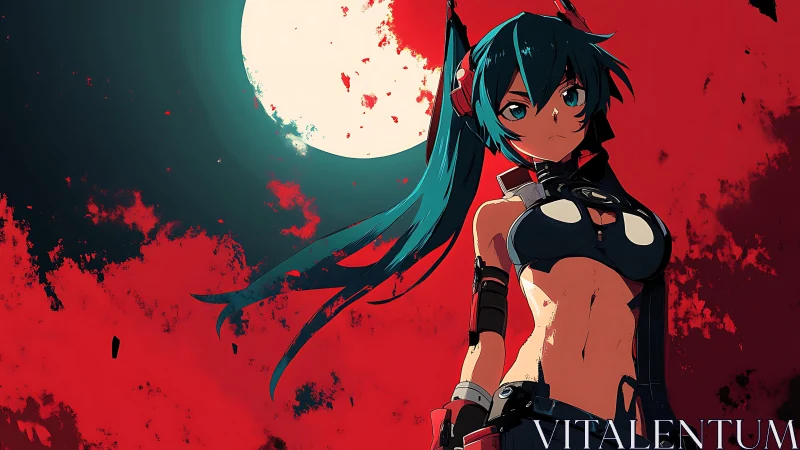 Moonlit cyber heroine cuts through crimson storm skies.