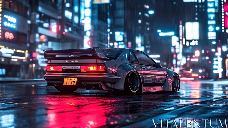 Modified sports car on wet neon city street at night.