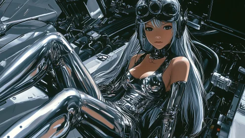 Chromed cybernetic pilot in reflective mecha cockpit environment.