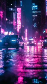 Neon-lit wet city street with cars under shallow depth-of-field bokeh