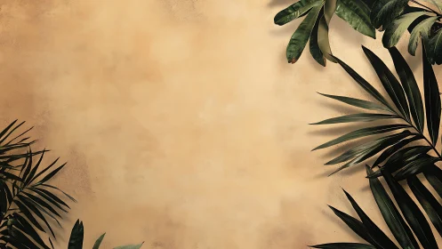 Tropical foliage against textured beige background wall.