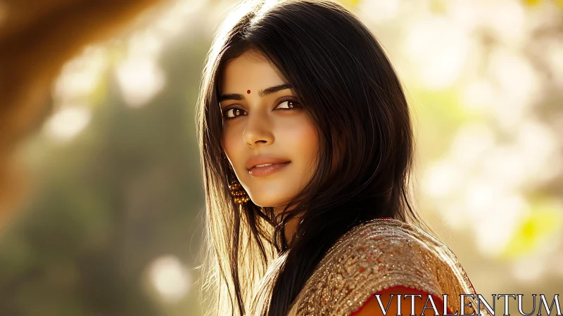 Portrait of woman in embroidered attire outdoors at dusk.