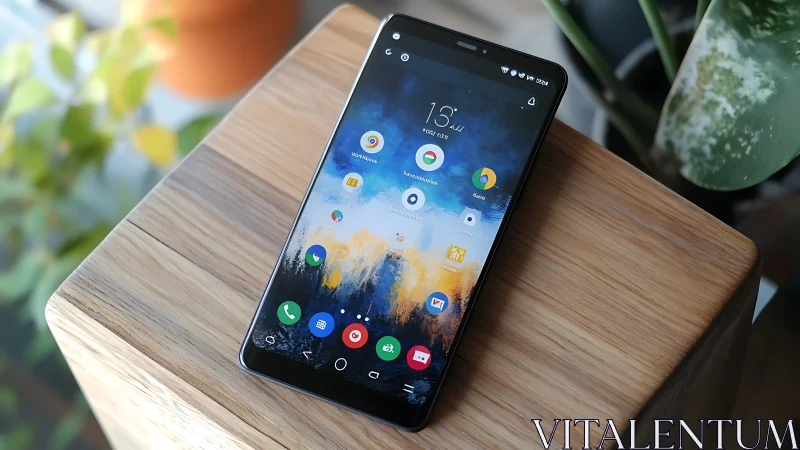 Modern smartphone rests on wooden table beside soft plants