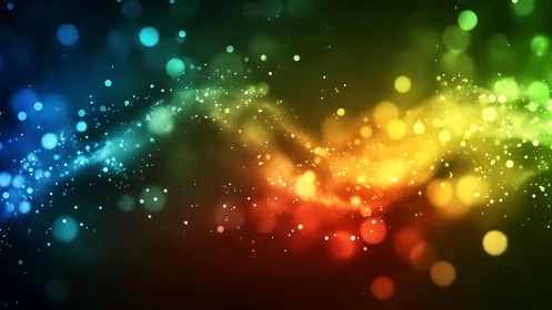 Prismatic light particles swirl across a dreamy cosmic void