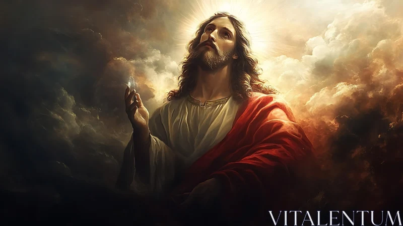 Digital painting of radiant Christ within dramatic cloudscape.