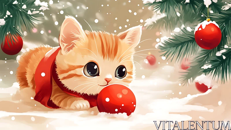 Christmas kitten plays with red bauble in soft snow.