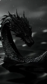 Midnight sea dragon curling through stormlit shadow waters.