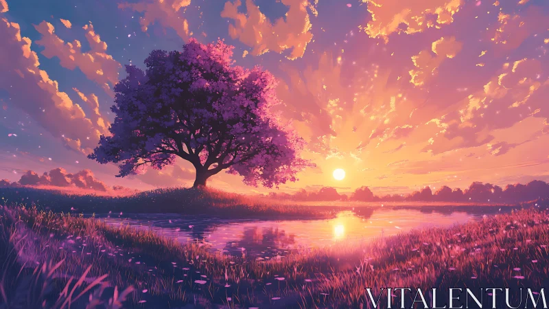 Radiant sunset landscape frames solitary tree in reflective pond