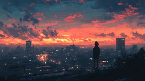 Digital painting of lone figure above neon-lit sunset cityscape.