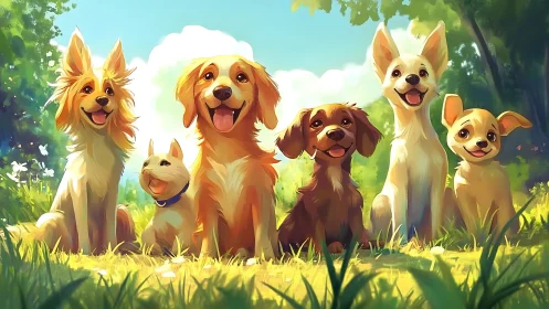 Group of cheerful cartoon dogs sitting in sunny meadow.