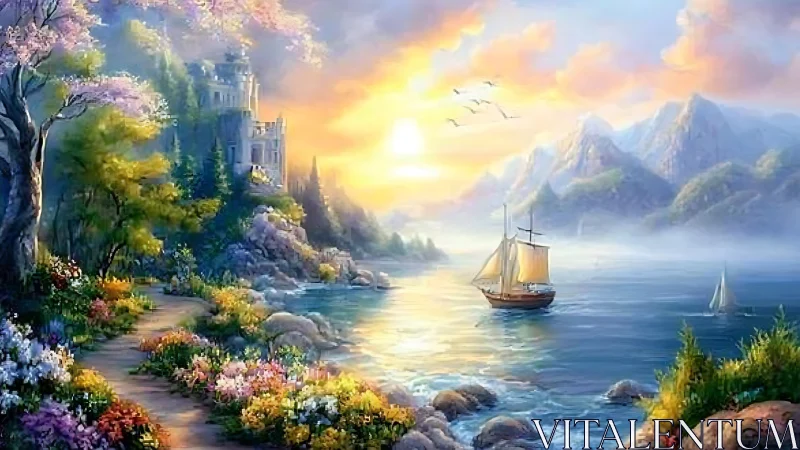 Luminous coastal fantasy landscape with floral cliffside path.