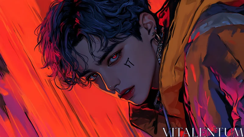 Stylized portrait of youth with red lighting and jacket.