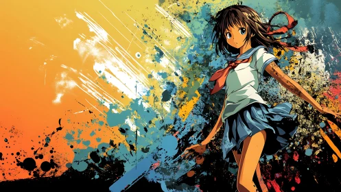 Anime schoolgirl stands before dense multicolor paint splashes