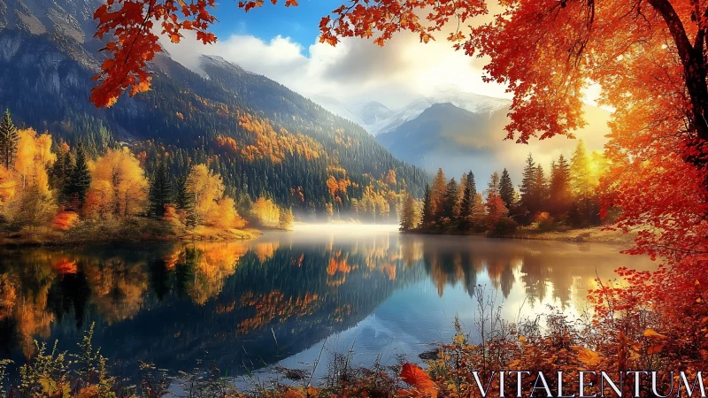 Mountain lake reflects autumn foliage in still conditions