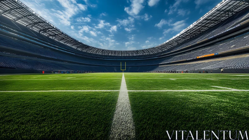 Panoramic pro football stadium under clear blue sky.
