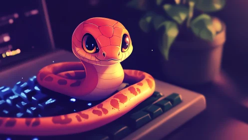Cartoon python coils on glowing keyboard in warm light.
