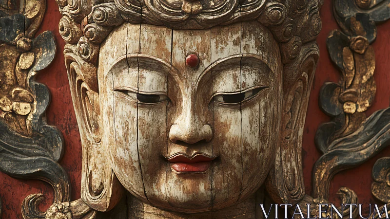 Weathered wooden Buddha carving radiates timeless serenity
