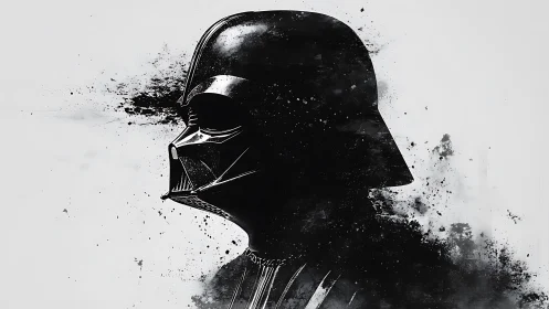 Dark armored helmet rendered in stark ink-splatter profile