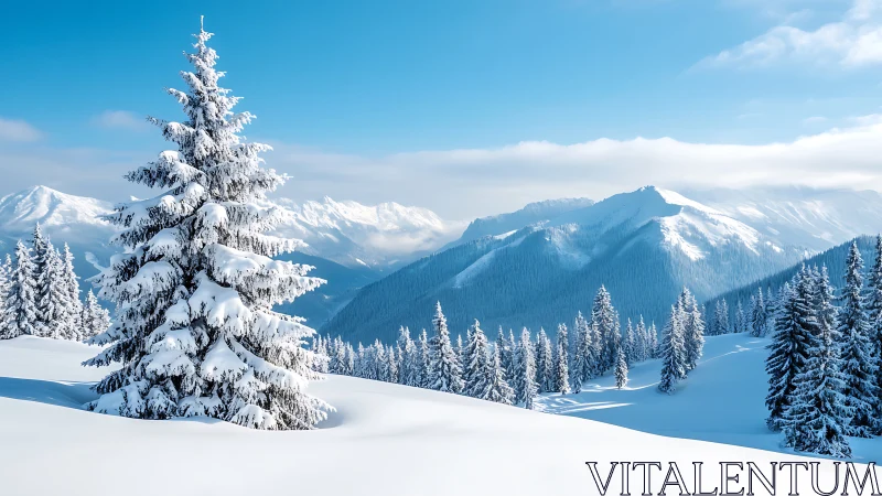 Snow-laden conifer foreground anchors high-contrast alpine depth cues