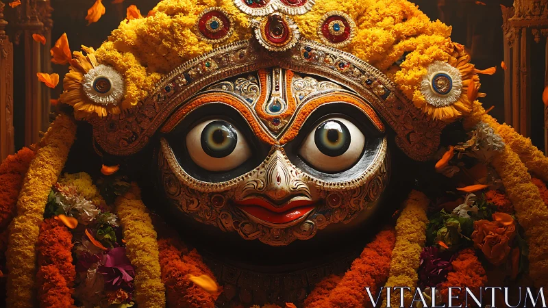 Ornate Jagannath deity mask framed by intense marigold garlands