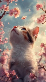 Cat Gazes Upward Through Cherry Blossoms