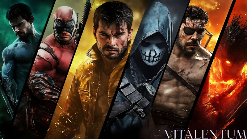 Bold heroes and dark villains sharing one fiery battle line.