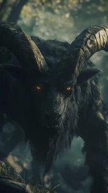 Horned dark beast with glowing eyes in misty forest.