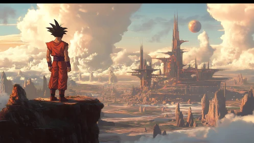 Lone fighter overlooking distant sci fi cityscape.