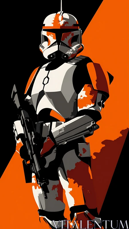 Armored sci-fi trooper in bold orange graphic composition.
