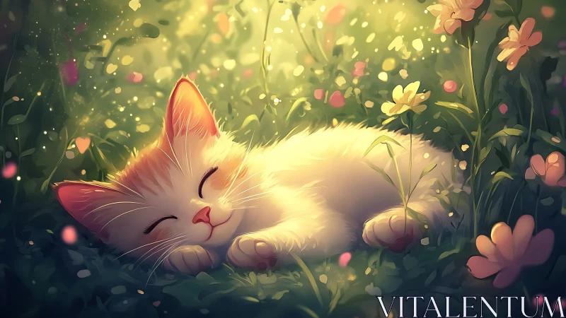 Luminescent Cat Resting Among Wildflowers and Ethereal Light Particles