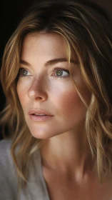 Thoughtful close-up portrait of woman in soft light.