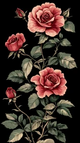 Pink roses in various bloom stages depicted in botanical illustration