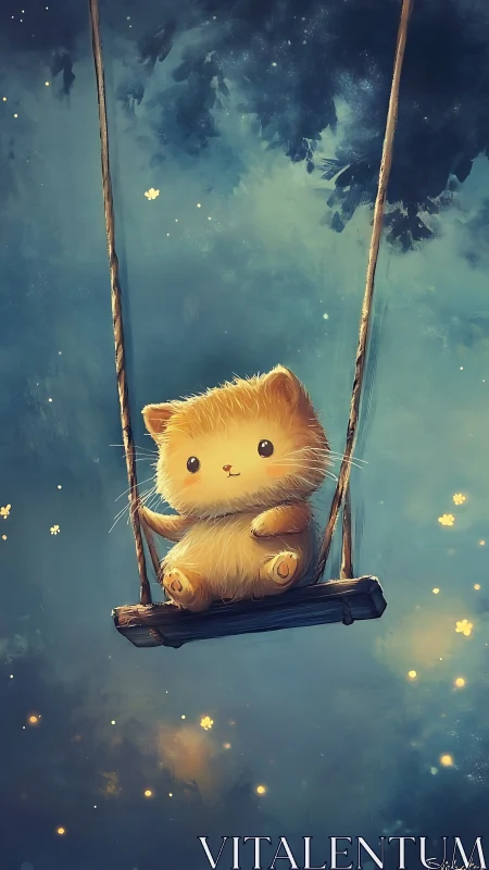 Tiny golden kitten drifting on a dreamy night swing.