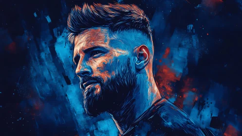 Electric blue digital portrait with intense orange highlights.